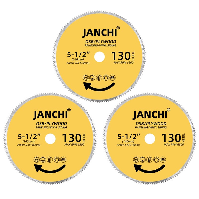 3Pack 5-1/2 Inch 130T Circular Saw Blade 5/8 Inch (16mm) Arbor, Plywood, OSB, Paneling and Vinyl Siding Fast and Smooth Cutting Saw Blade, with 5/8"-1/2" and 5/8"-3/8" Bushing